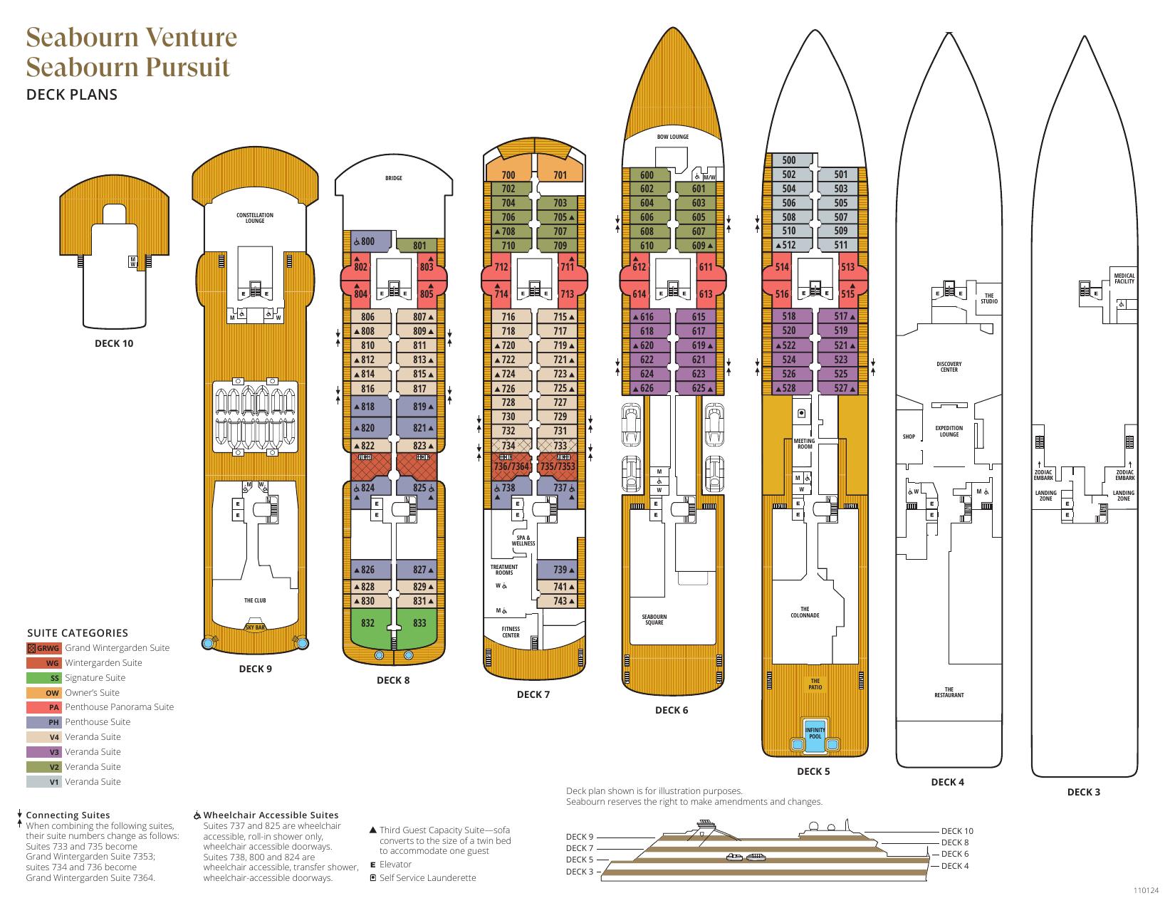 Dekplan van Seabourn Venture en Seabourn Pursuit met alle suitecategorieën