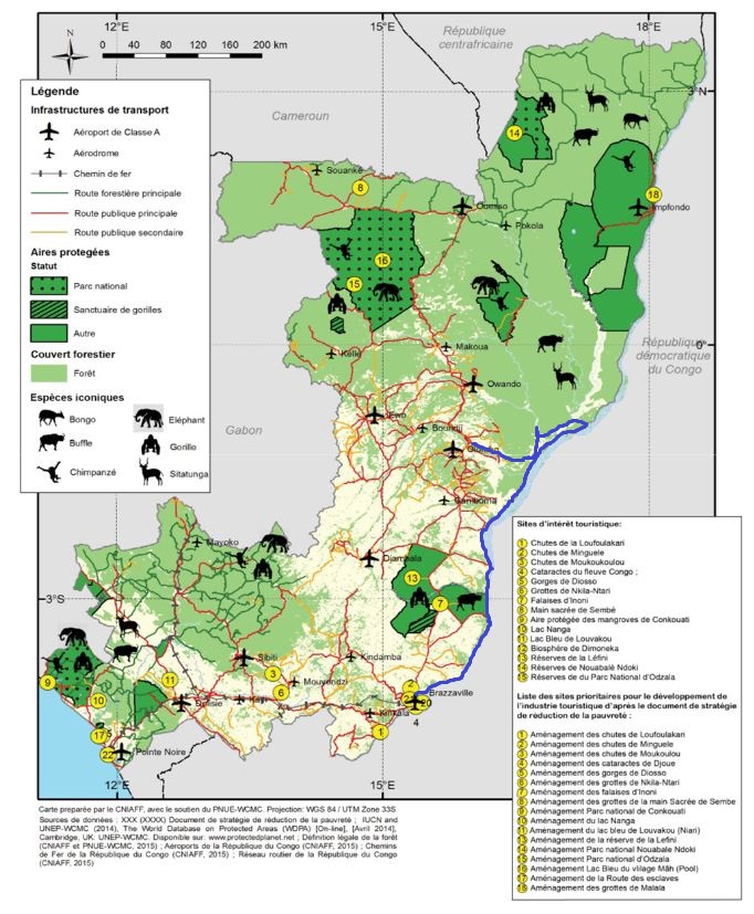 Kaart van de route Brazzaville – Oyo over de Congo- en Alima-rivier