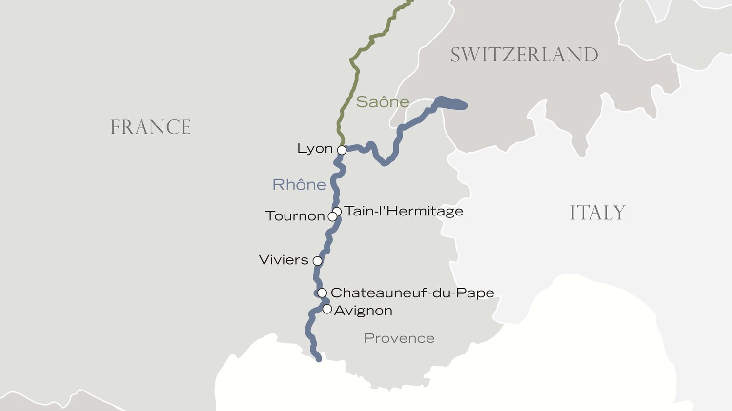 Kaart van de route Lyon – Tain-l'Hermitage – Viviers – Châteauneuf-du-Pape – Avignon